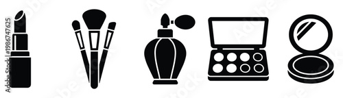 Collection of essential cosmetic products and makeup tools including lipstick, brushes, perfume bottle, eyeshadow palette, and compact mirror, perfect for illustrating beauty and personal