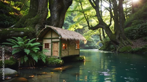 Serene Forest Hut by a Tranquil River