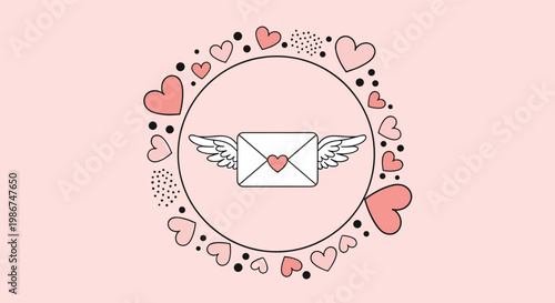 Winged love letter envelope with a heart centerpiece surrounded by a decorative wreath of many floating hearts.