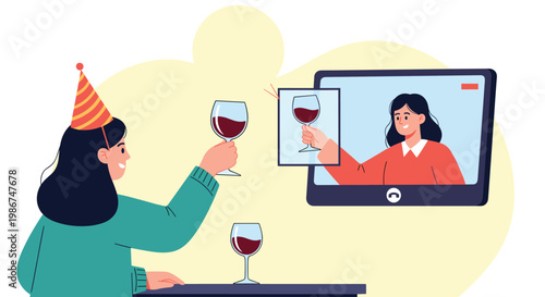 Woman in orange party hat toasting with a glass of wine to a friend during a virtual celebration on a digital tablet.