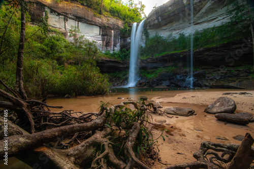 A waterfall cascading from a high cliff in the middle of the forest, with a sandy bottom and trees.