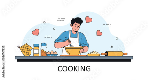 Happy man wearing an apron whisking ingredients in a mixing bowl while cooking in a modern home kitchen area.