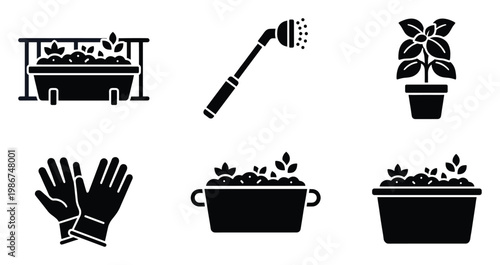 Collection of gardening tools and planting containers glyph icons perfect for home garden guides horticulture applications or plant care product packaging