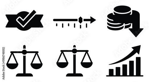 A comprehensive set of business strategy and legal justice vector icons representing verified quality, financial performance, economic equilibrium, and market growth for professional