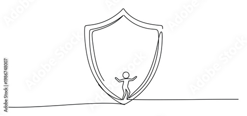 Single continuous line drawing showing a stylized person safely nestled within a protective shield, representing robust security and safeguarding concepts for corporate branding and digital