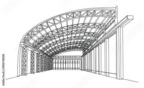 Architectural line drawing of a large industrial building interior featuring a curved truss roof structure and support columns, ideal for engineering and construction project visualizations.