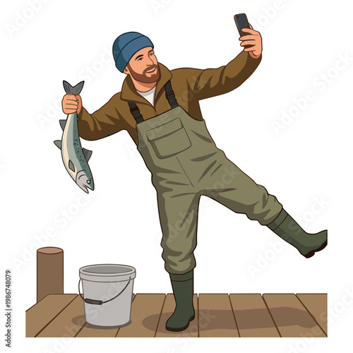 Man takes selfie with large fish on wooden dock with bucket