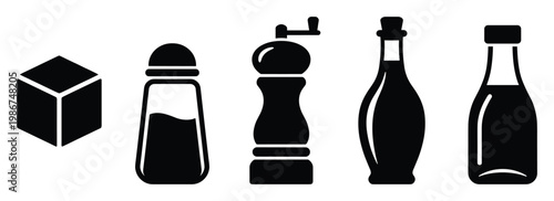 Essential kitchen seasoning and liquid condiment containers for cooking and dining, perfect for food preparation guides, culinary blog visuals, or restaurant menu designs