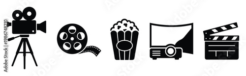 Modern set of cinema and movie production symbols including a film camera, popcorn, projector, film reel, and clapperboard, perfect for applications related to entertainment, film making,