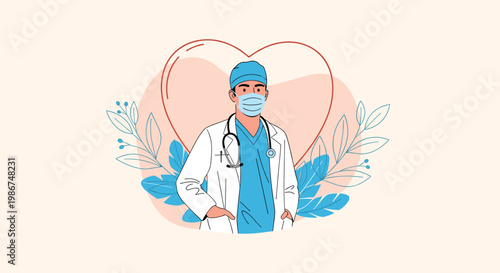 Dedicated male doctor wearing a medical mask and white coat standing in front of a giant heart symbol and green decorative leaves.