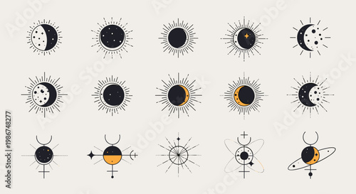 Comprehensive set of mystical celestial symbols featuring various moon phases, sun rays, planets, and geometric astrological icons.
