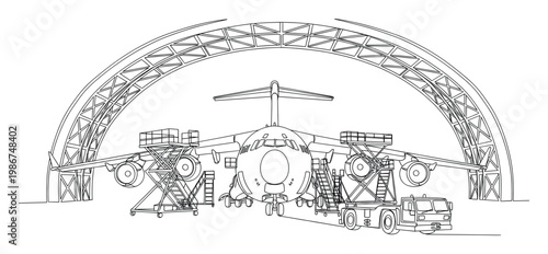 Large cargo aircraft undergoing comprehensive service inside an arched aircraft hangar with maintenance platforms and ground support vehicles, ideal for aerospace operations or technical
