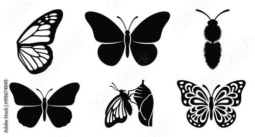 Selection of butterfly and insect life cycle silhouettes showcasing a detailed wing, various adult forms, a furry body, and a chrysalis metamorphosis stage ideal for nature studies or