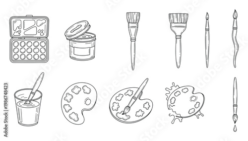 Hand drawn black outline collection of essential painting tools and supplies for artists and hobbyists to inspire creative projects and educational materials
