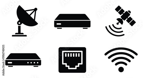 Collection of black communication and network icons featuring satellite dishes, media receivers, Ethernet port, and wireless signal symbols for technology and connectivity projects