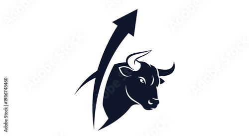 Powerful black silhouette of a bull head combined with a sharp upward-pointing arrow representing a successful financial bull market.