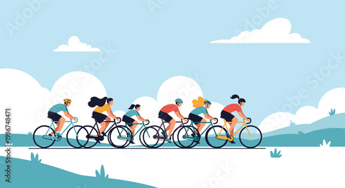 Group of six diverse cyclists riding their bicycles in a single line across a scenic outdoor landscape under a blue sky with white clouds.