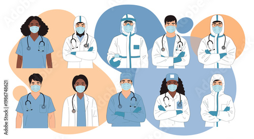 Large group of ten medical professionals wearing various types of protective gear and face masks to fight against infectious diseases.