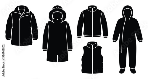 A diverse selection of essential winter outerwear silhouettes including insulated coats parkas vests and fullbody snowsuits for cold weather protection and outdoor activity representation