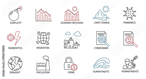 Set of linear icons representing global risks and threats, including war, economic recession, natural disasters, and pandemics.