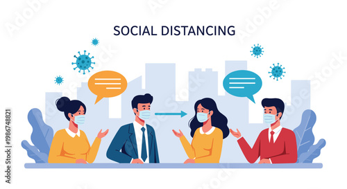 Educational graphic about social distancing showing four masked people at a long table with speech bubbles in an office environment.