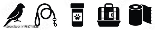 Essential pet care supplies including a bird, leash, medicine bottle with paw print, travel carrier, and absorbent paper towel roll for animal health and comfort.