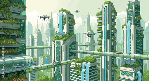 Futuristic eco friendly city landscape featuring towering skyscrapers with cascading waterfalls and advanced aerial drones flying between modern glass structures