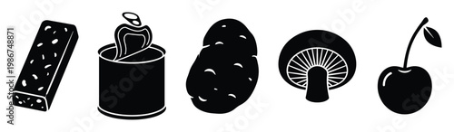 Collection of essential food items presented in solid black silhouette shapes perfect for grocery store ads menu designs healthy eating guides and culinary themed projects