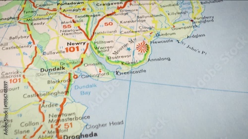 cinematic road map route from Belfast to Dublin crossing Ireland border