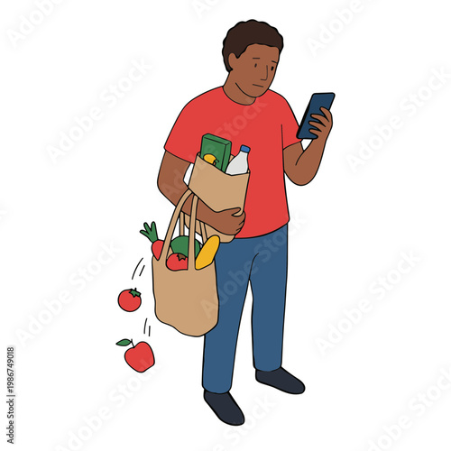 Man holding grocery bag and phone with items falling out