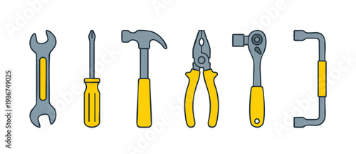 Construction Tools Set Vector Illustration featuring Wrench Screwdriver Hammer Pliers Ratchet and Lug Wrench isolated on white background for DIY home repair, maintenance, hardware supply, and profess