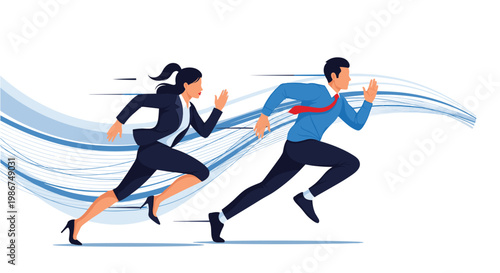 Ambitious businessman and businesswoman in suits running a competitive race together towards success against a blue wave background.