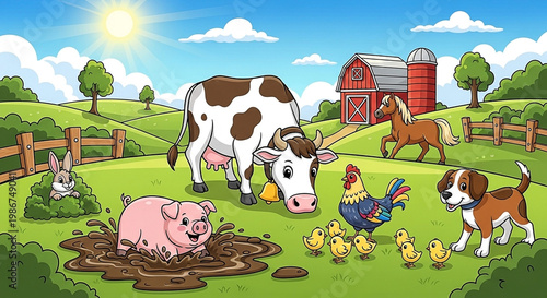Sunny farm scene with a cow, pig, chickens, dog, horse, rabbit, and barn