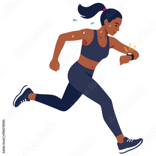 A woman is running quickly in athletic wear on a track outdoors.