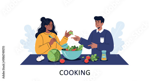 Man and woman enjoying their time cooking a healthy fresh salad together in a kitchen environment with the word COOKING below them.