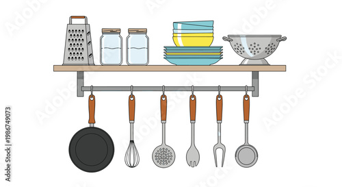 Neatly organized kitchen shelf containing glass jars, stacked plates, bowls, and hanging utensils like a pan, whisk, and ladle.