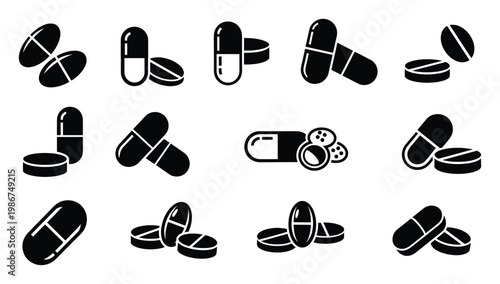 Various medical drug symbols showing capsules and tablets for pharmacy, healthcare, and treatment information graphics representing medication and wellness programs