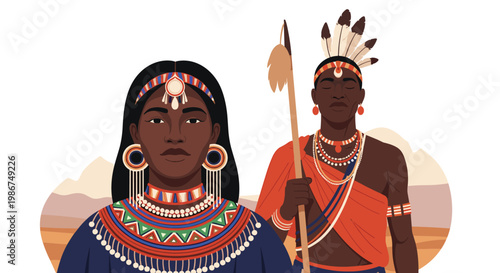 Dignified African man and woman dressed in elaborate traditional tribal clothing with vibrant jewelry and a long ceremonial spear.