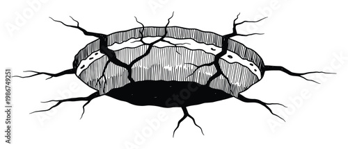 Abstract rupture in the ground with spreading cracks and a dark deep hole, ideal for depicting impact, destruction, or a mysterious portal graphic resource.