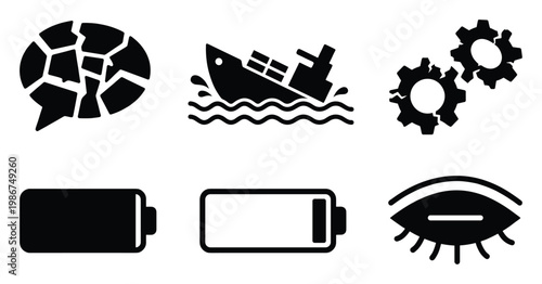 Vector icons representing shattered communication, sinking business, system failure, energy levels, and a closed eye, suitable for illustrating various states of crisis or status