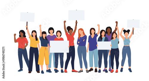 Diverse group of women from various backgrounds stand together holding blank protest signs for social justice and empowerment.