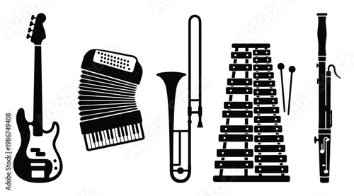 A diverse collection of musical instruments including bass guitar accordion trombone xylophone and bassoon in black silhouette ideal for music education materials and concert promotions