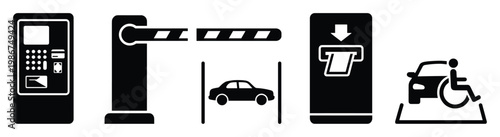 Comprehensive collection of essential parking facility icons showcasing payment terminals, automatic boom barriers, vehicle access points, ticket machines, and handicapped parking spaces