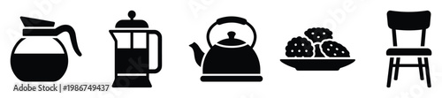 Collection of essential kitchen and home icons including a coffee pot, French press, tea kettle, dessert bowl, and chair, suitable for graphic resource applications