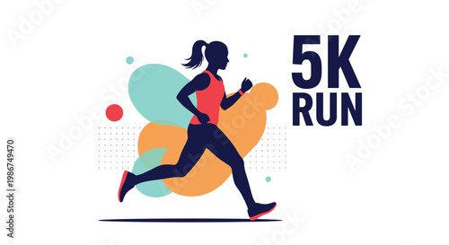 Silhouette of a woman running with determination against an abstract colorful background for a 5k run sports event.