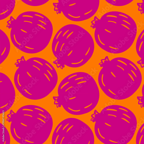 Bright pomegranate seamless pattern in naive doodle style. Bold fruit background with playful shapes for packaging and textile design.