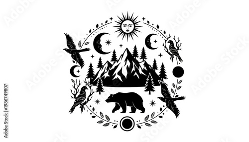 Bear mountain silhouette illustration with celestial elements and forest landscape