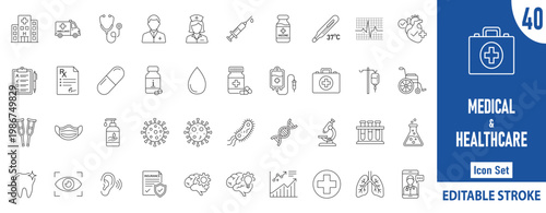 Medical and Healthcare Line Icons Set. Hospital, Doctor, Pharmacy, Medicine, Vaccine, DNA Editable Stroke Vector