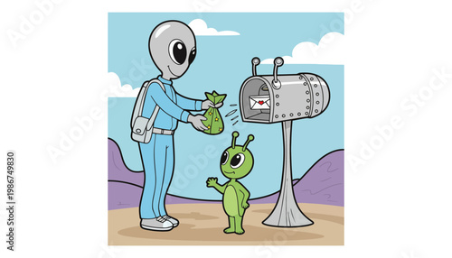 Alien character delivering mail to a mailbox with a small green friend