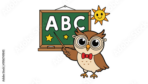 Owl cartoon character teaching ABCs on a green chalkboard with stars